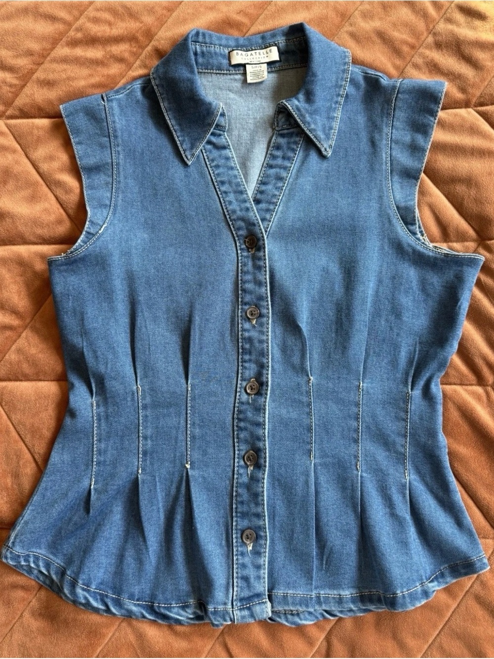 Bagatelle Collection Denim Vest Corset Top Fitted Pleated Peplum Sleeveless S